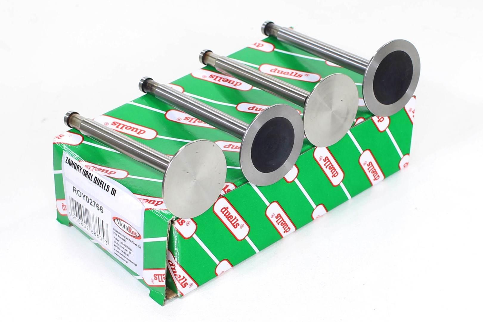 Zawory ural duells di 2x zawór ssący i 2x zawór wydechowy do uralaWymiary zaworu wydechowego: długość 92 mm średnica 40 mm średnica trzonka 8 mmWymiary zaworu ssącego: długość 91 mm średnica 35 mm średnica trzonka 8 mm.
