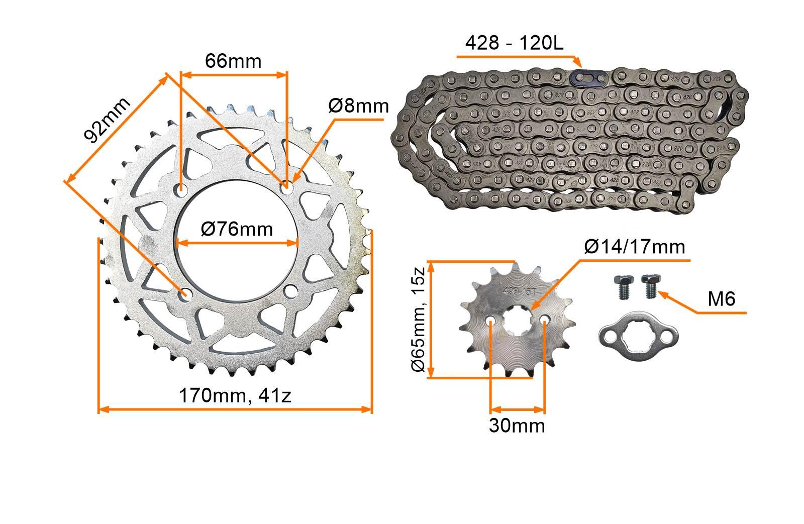Zestaw napędowy cross 125 zębatki 15z/41z76mm łańcuch 428-120l cross pitbike mrf kxd kayo - zdjęcie 2
