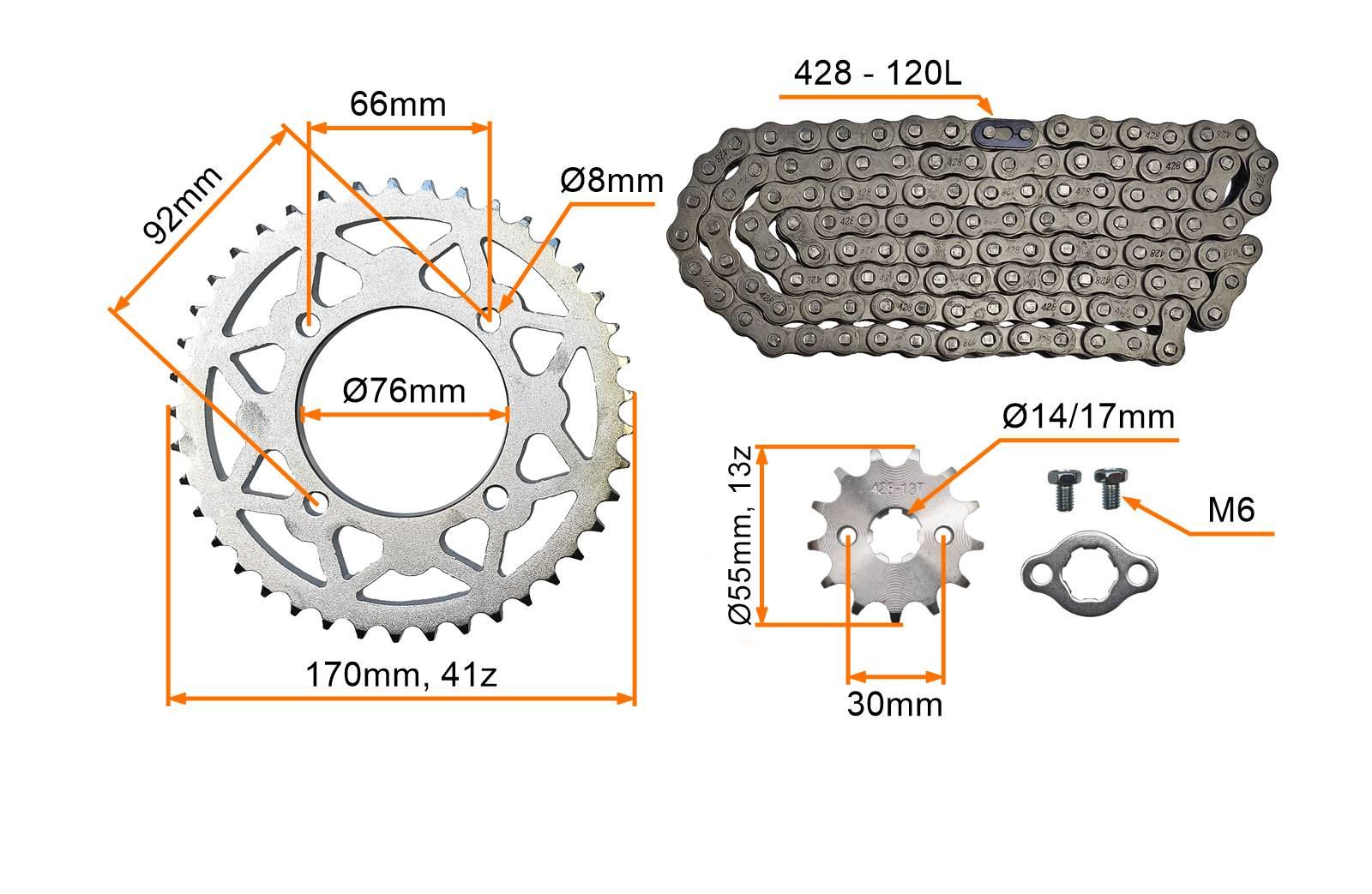 Zestaw napędowy cross 125 zębatki 13z/41z76mm łańcuch 428-120l cross pitbike mrf kxd kayo - zdjęcie 2