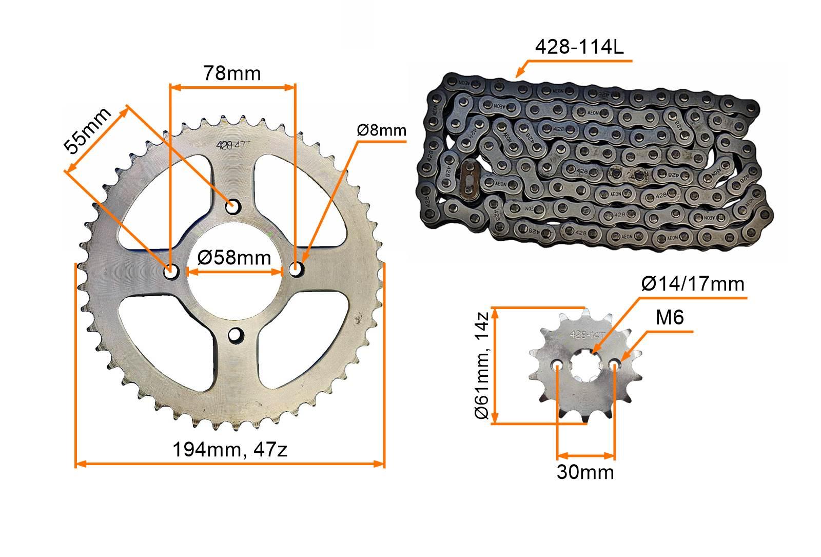 Zestaw napędowy street zębatki 428-14z 428-47z58mm łańcuch 428-114l zębatka przód z otworami - zdjęcie 4