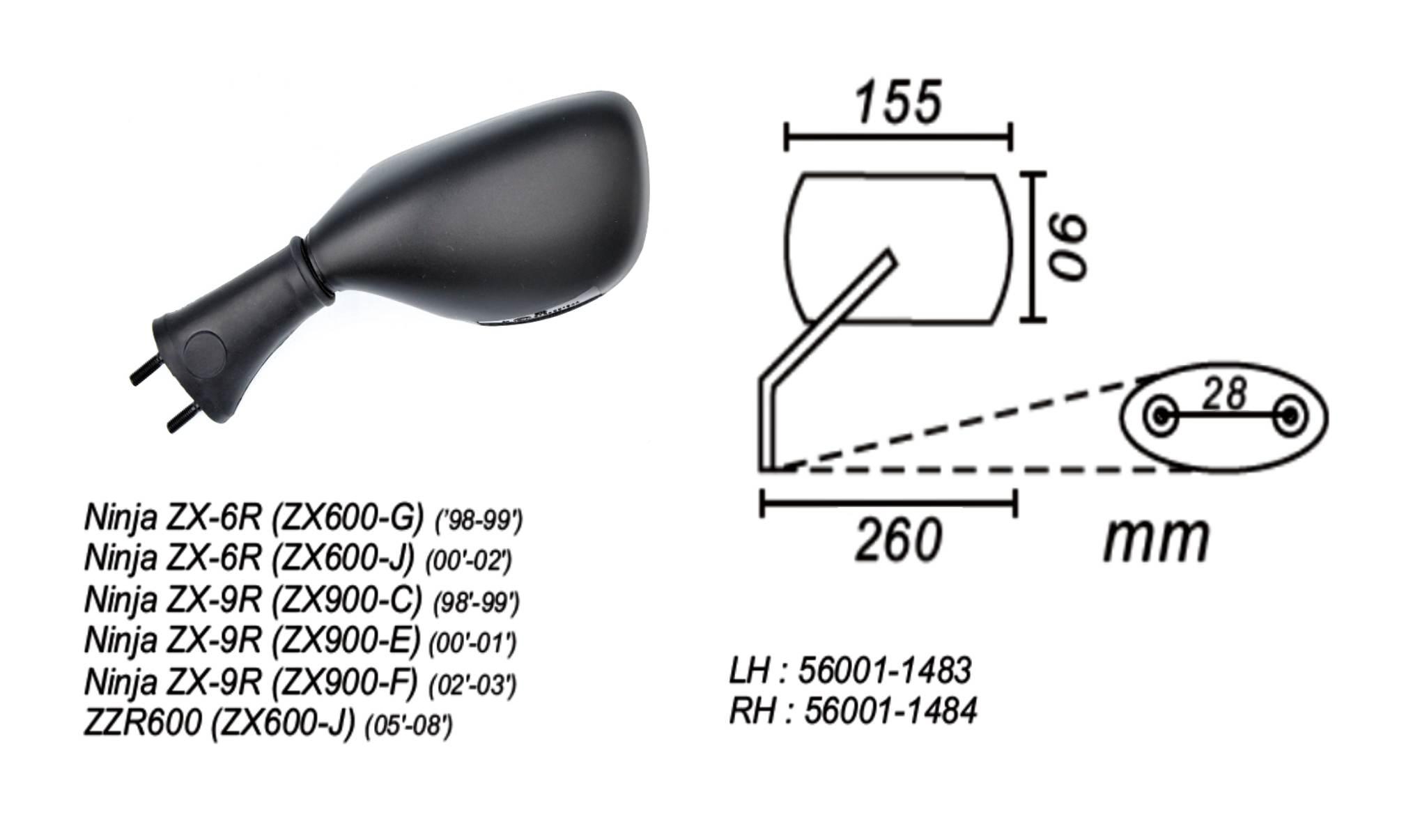 Lusterko Lewe Kawasaki Zx-6r/Zx-9r/Zzr600 1999-08 Power Force - zdjęcie 2