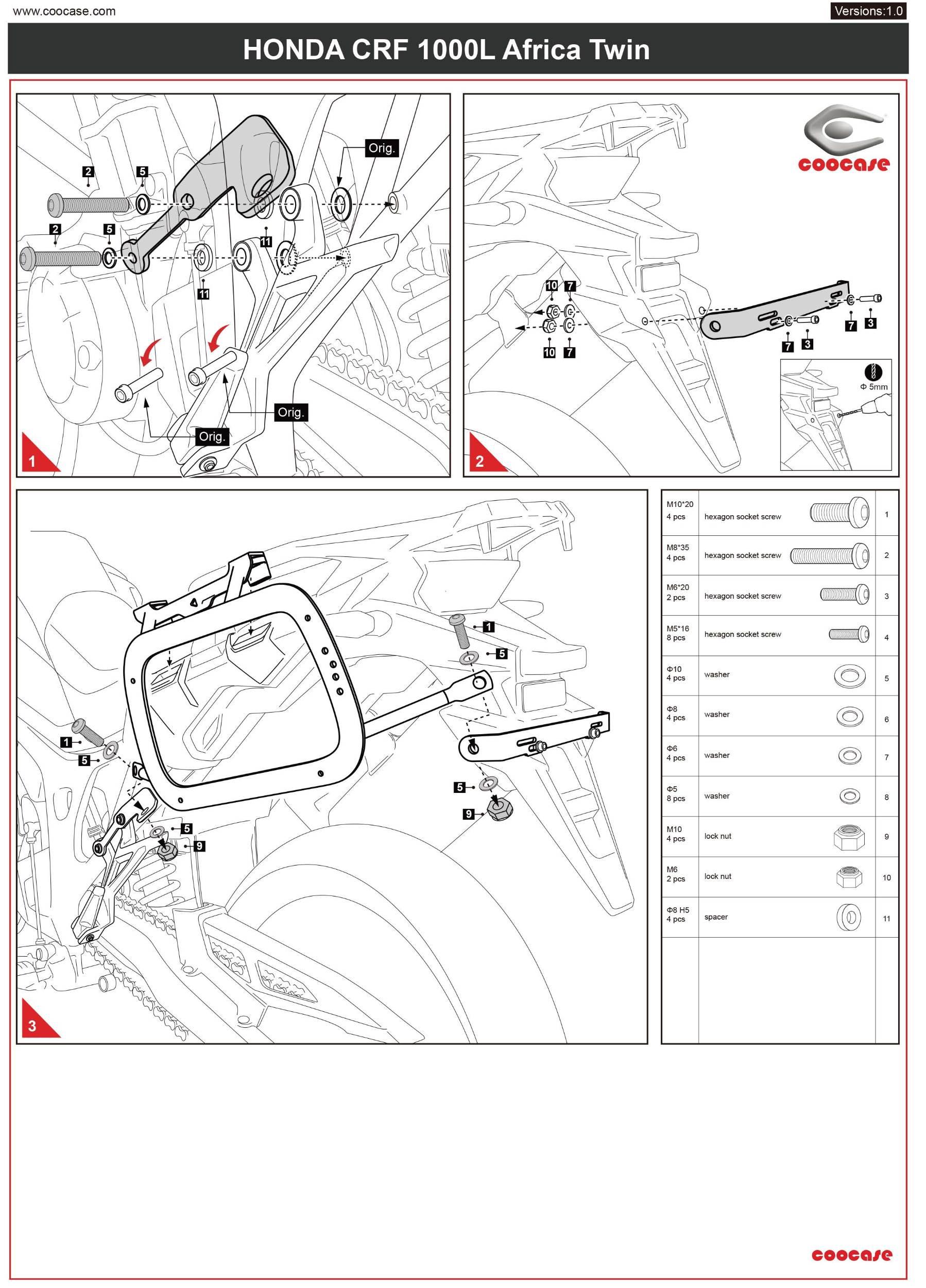 Zestaw stelaży kufer centralny boczne coocase honda africa twin 1000 2016-2017 prawy kufer asymetryczny - zdjęcie 4