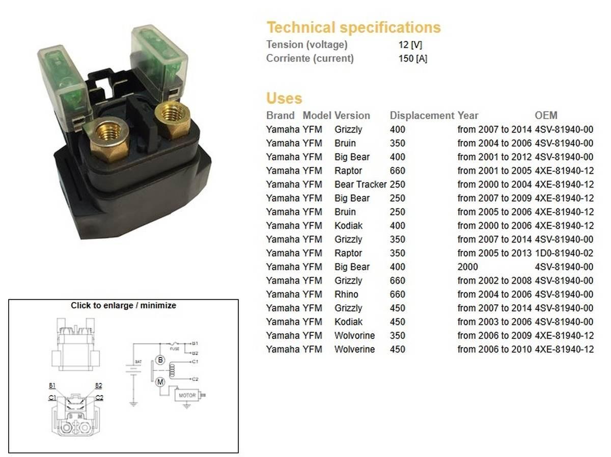 Dze Przekaźnik Rozrusznika Yamaha Yfm 250 '00-'09; Yfm 350 '04-'14; Yfm 400 - zdjęcie 2