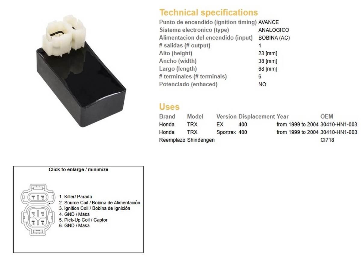 Dze Moduł Zapłonu Cdi Honda Trx 400Ex '99-'04; Trx 400 Sportrax '99-'04 Sta - zdjęcie 2