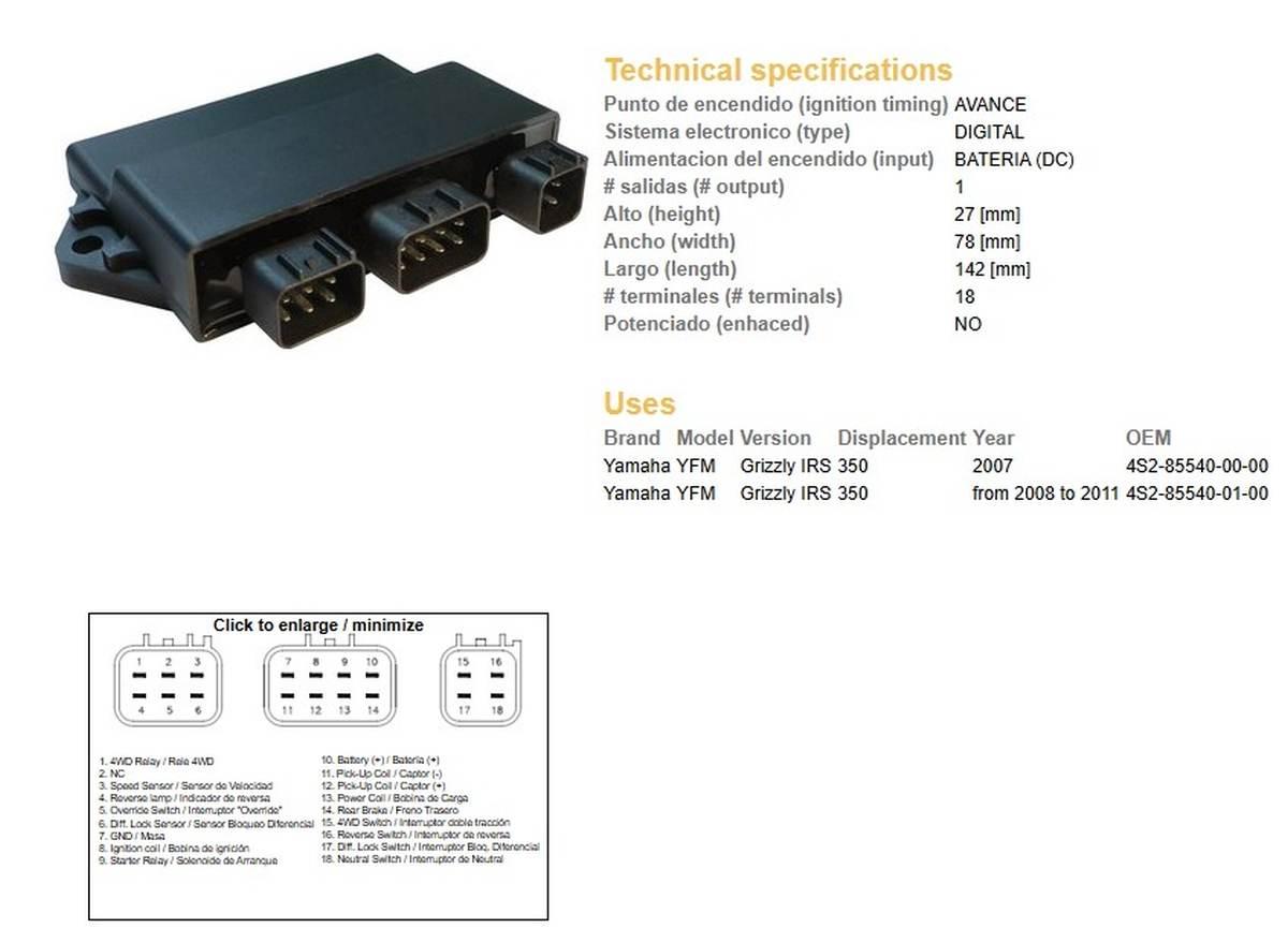 Dze Moduł Zapłonu Cdi Yamaha Yfm 350 Grizzly '07-'11 Oem:4S2-85540-00-00