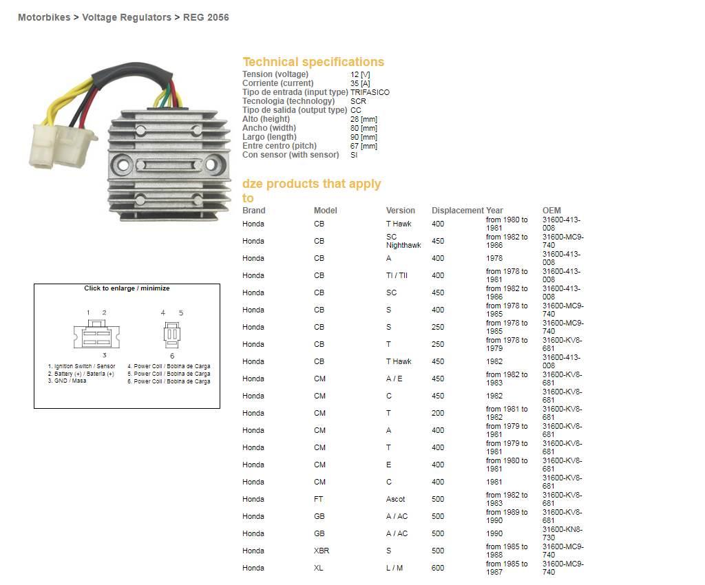 Dze Regulator Napięcia Honda Cb 250/400/450; Cx 500; Gl500; Xl600/Lm; Xbr 5 - zdjęcie 2