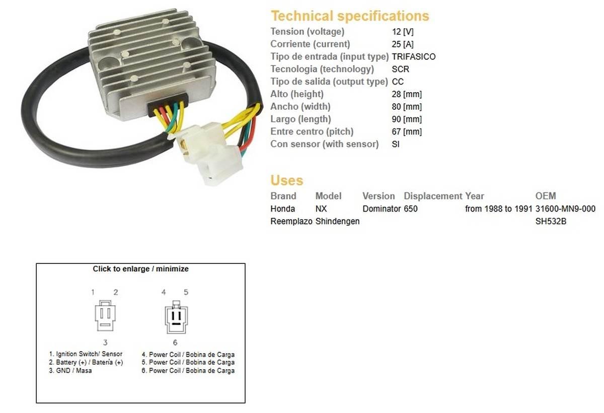 Dze Regulator Napięcia Honda Nx 650 Dominator '88-'91 Sh532B 31600-Mn9-000