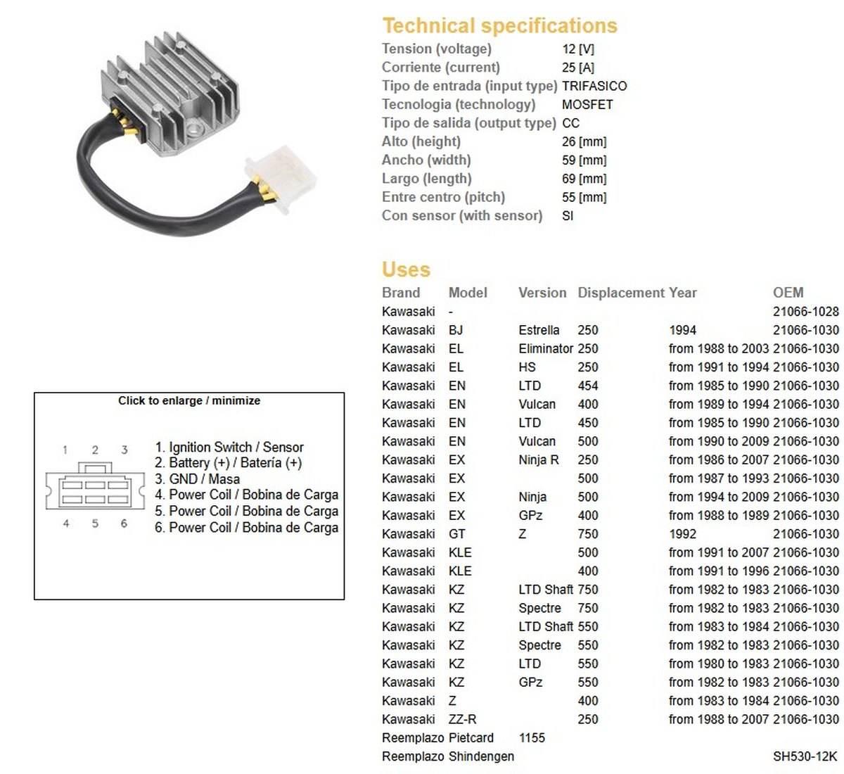 Dze Regulator Napięcia Kawasaki El/En/Ex/Gpz/Kz/Z Sh530-12 21066-1030 Sh530