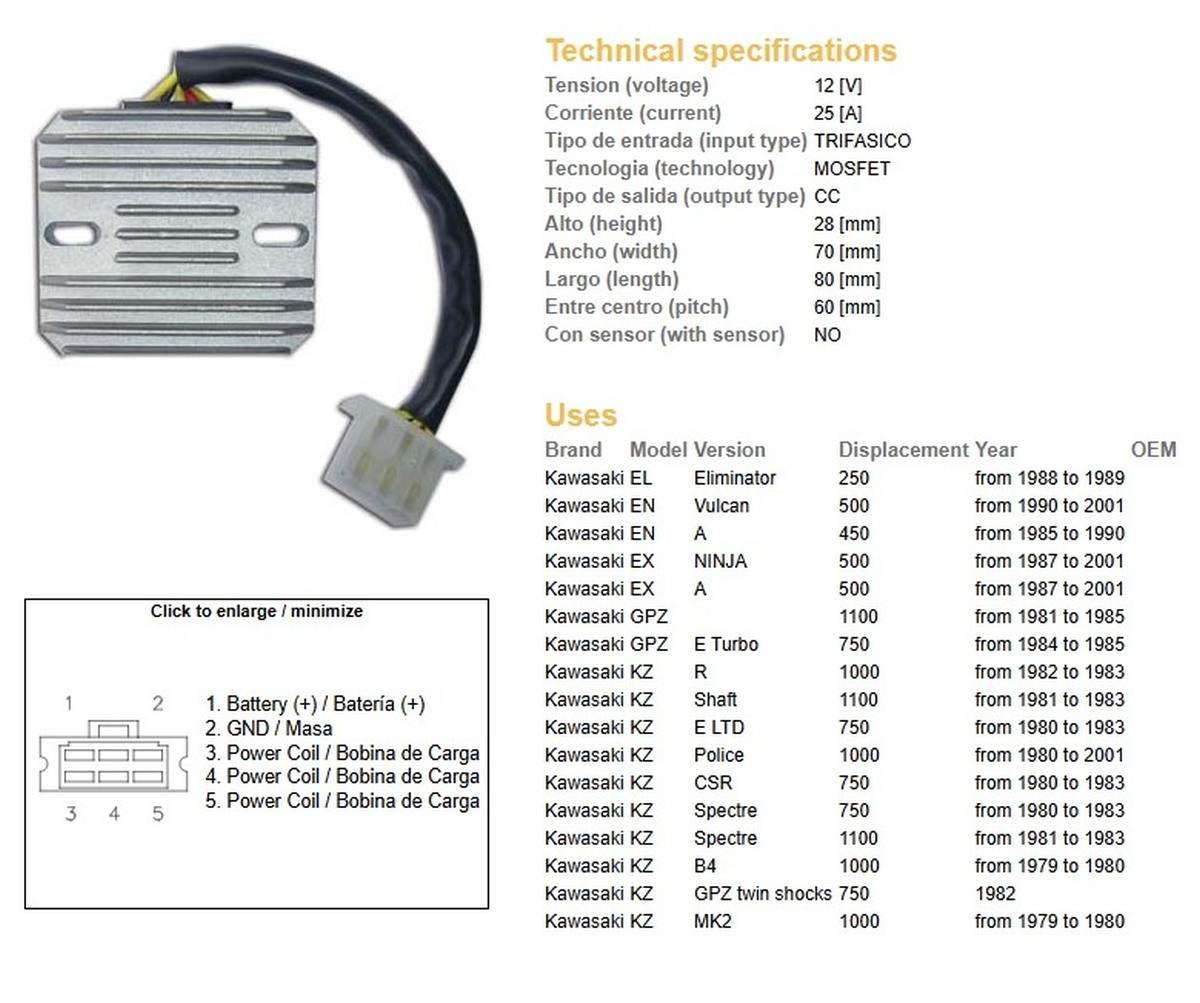 Dze Regulator Napięcia Kawasaki El 250 '88-'89; En 450A '85-'90; Ex 500A '8