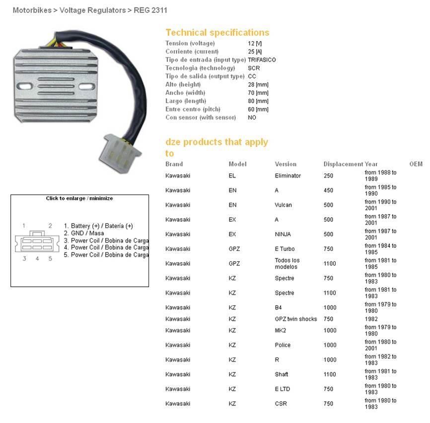 Dze Regulator Napięcia Kawasaki El 250 '88-'89; En 450A '85-'90; Ex 500A '8 - zdjęcie 2