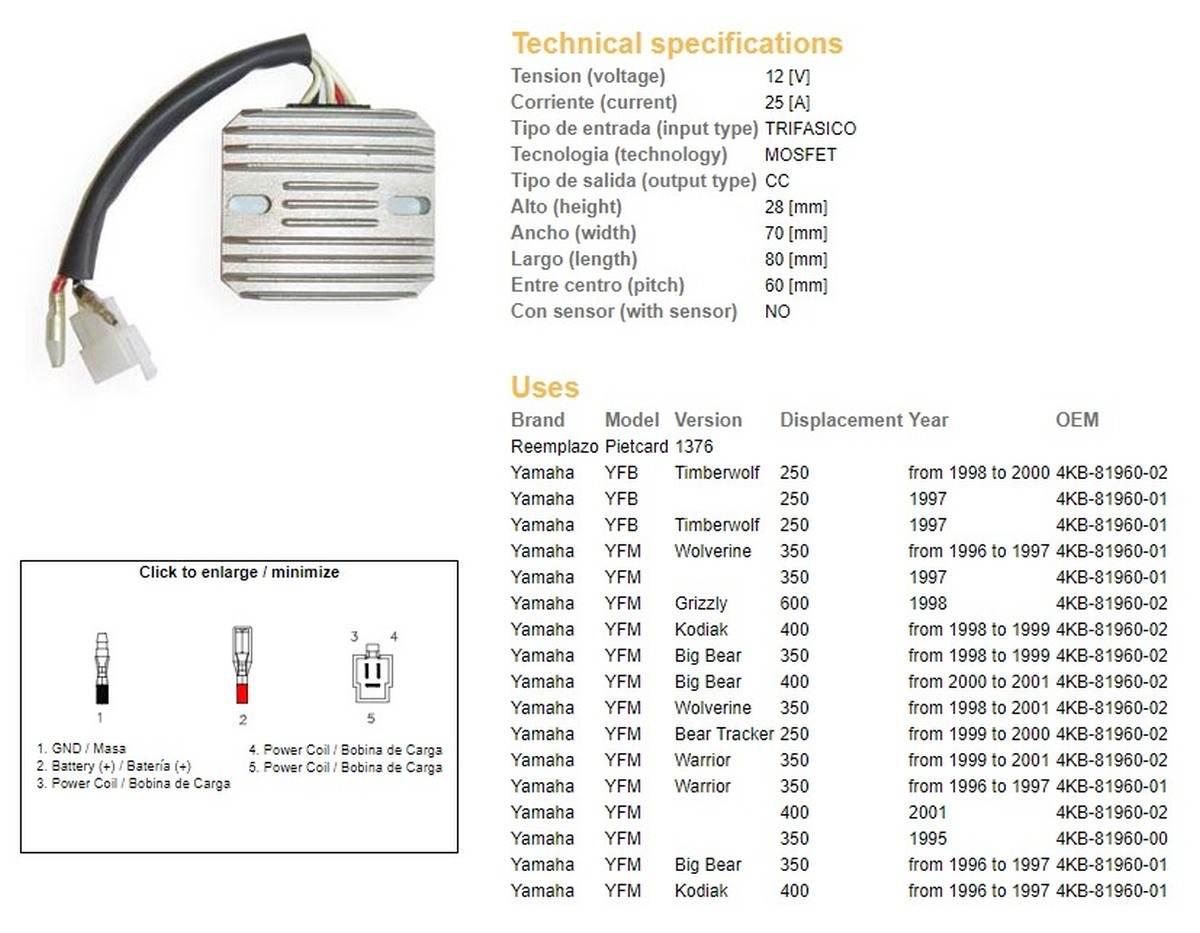 Dze Regulator Napięcia Yamaha Yfm 350 Big Bear '96-'99, Warrior 350 '96-'01