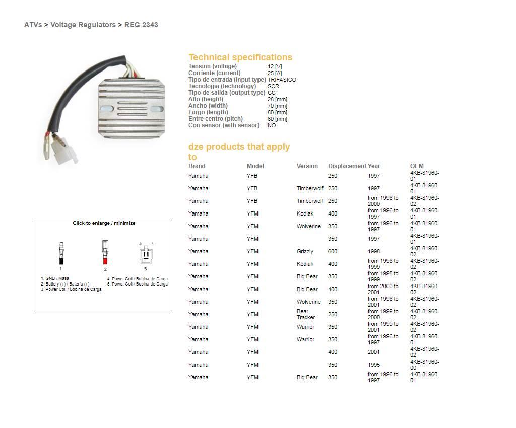 Dze Regulator Napięcia Yamaha Yfm 350 Big Bear '96-'99, Warrior 350 '96-'01 - zdjęcie 2