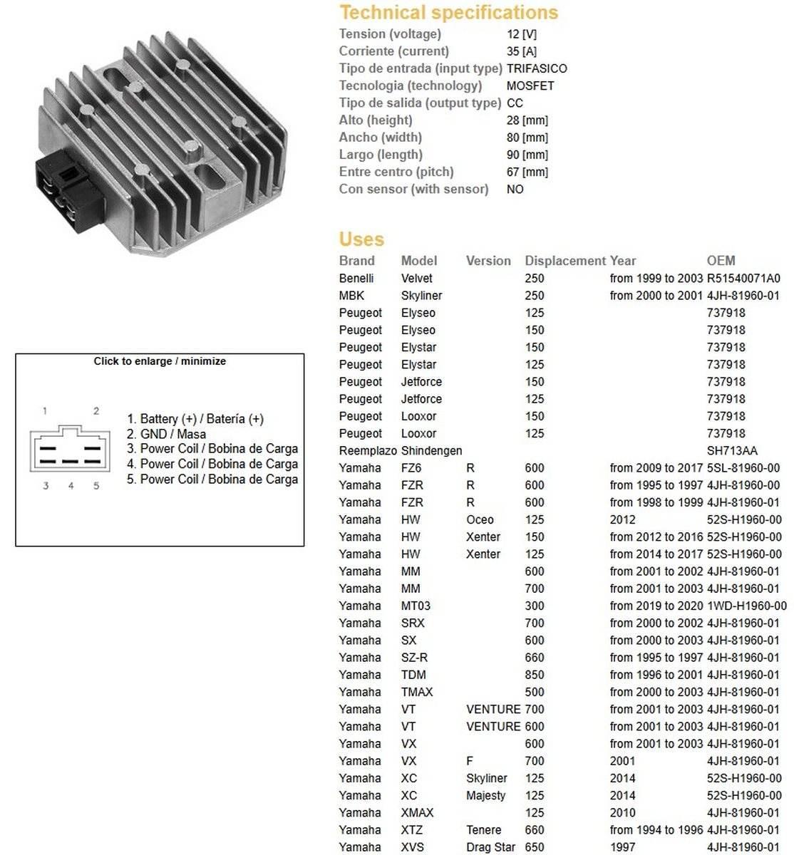 Dze Regulator Napięcia Yamaha Fz6 '09-'17; Fzr 600R '95-'99; Srx 700 '00-'0