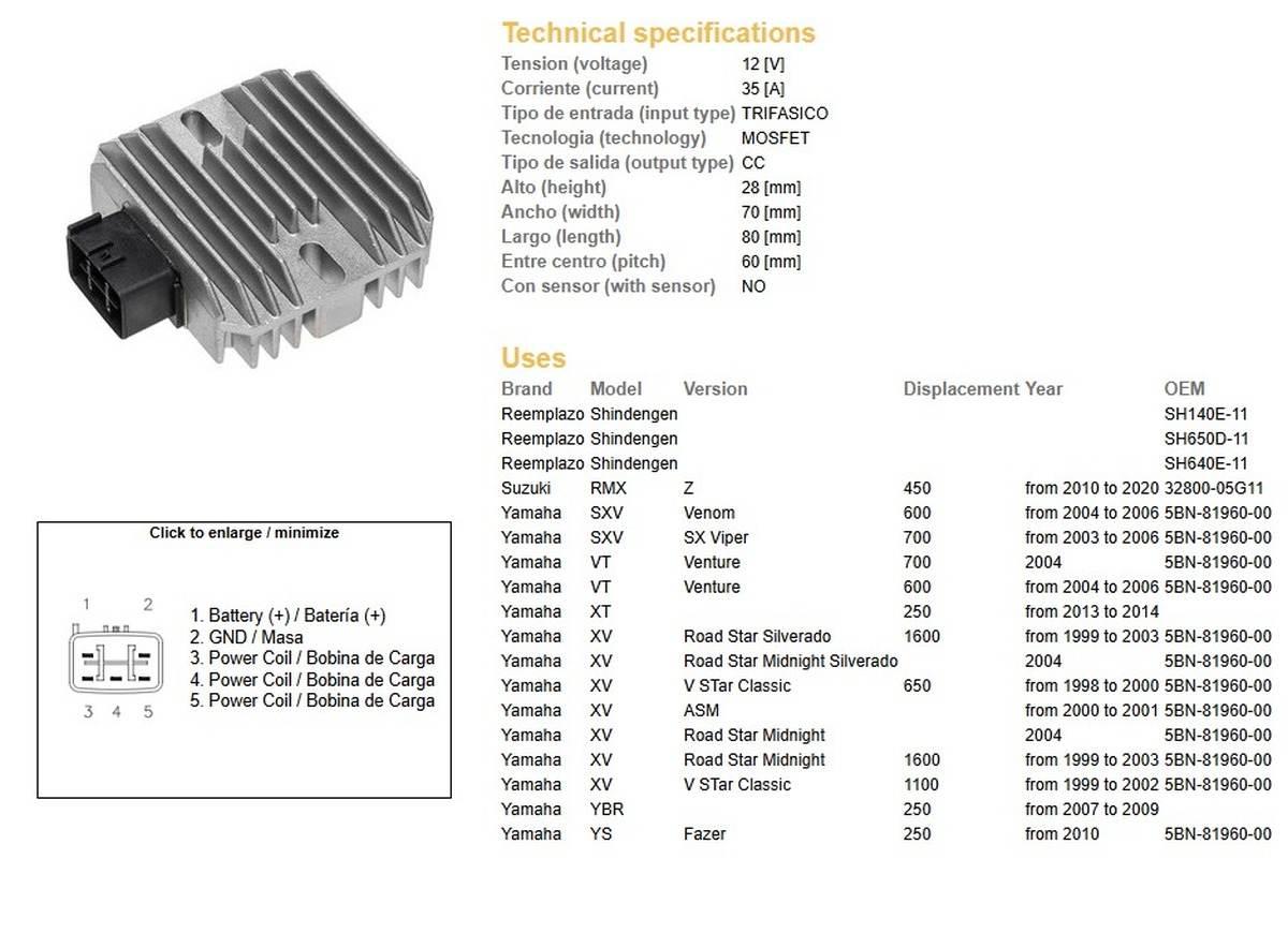 Dze Regulator Napięcia Yamaha Xt 250 '13-'14; Ybr 250 '07-'09; Xv 650 Drag