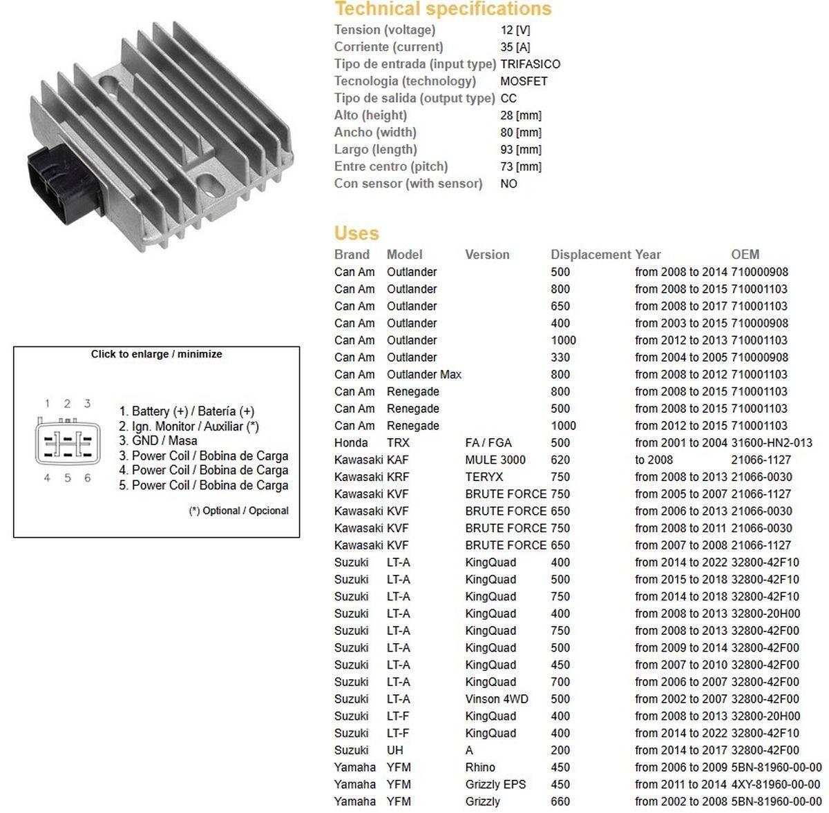 Dze Regulator Napięcia Can Am; Honda Trx 500Fa/Fga '01-'04; Kawasaki Kvf 65 - zdjęcie 2
