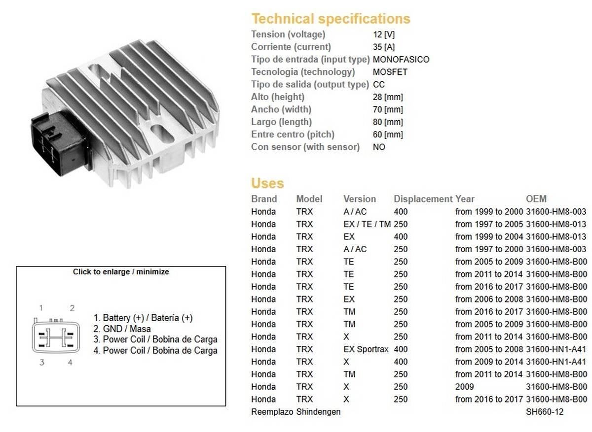 Dze Regulator Napięcia Honda Trx 400Ex Sportrax '99-'04; Trx 250 Recon '97-