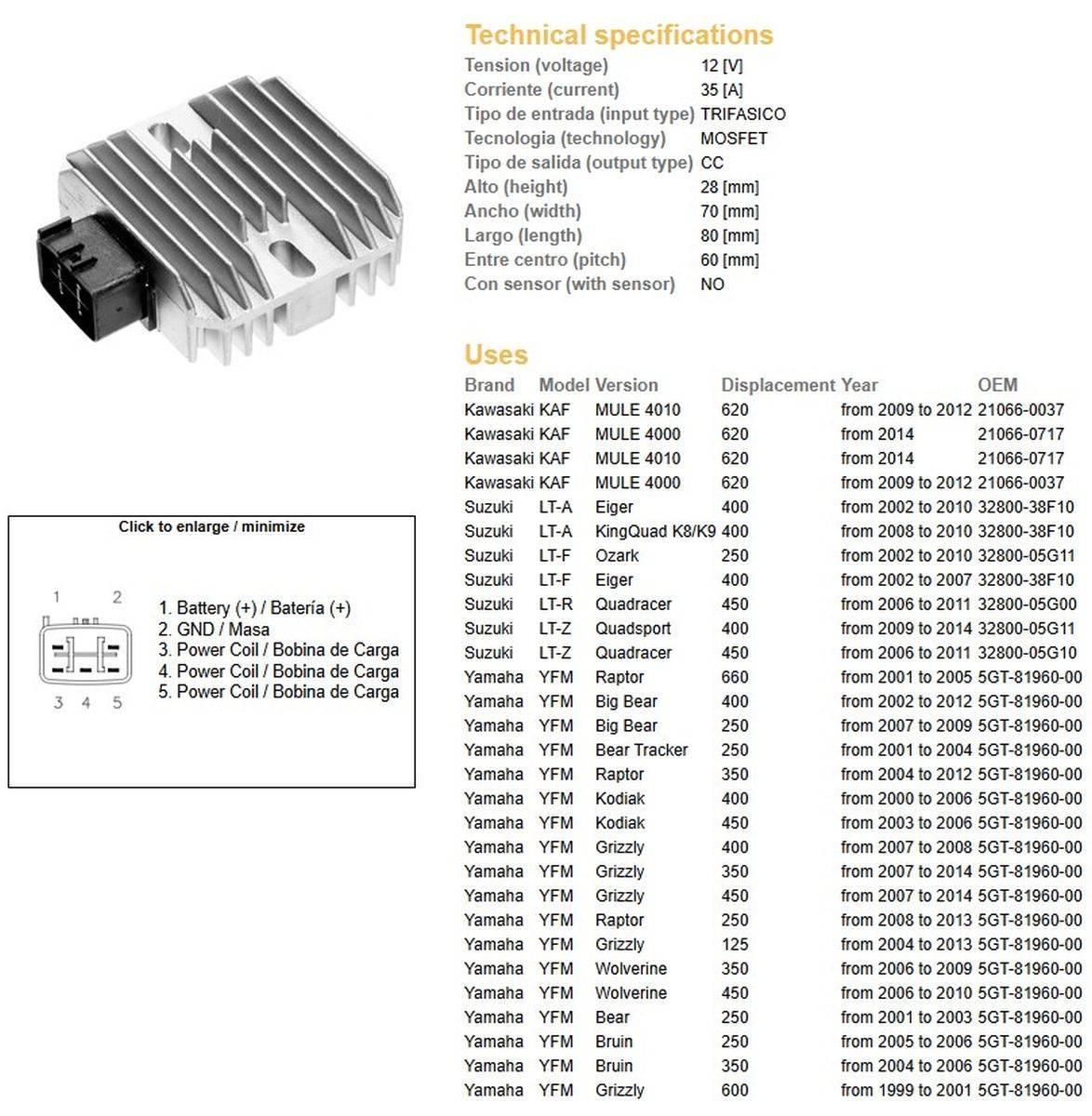 Dze Regulator Napięcia Yamaha Yfm 125/250/350/400/450/600/660 Rapror;Big Be