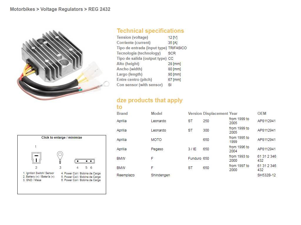 Dze Regulator Napięcia Bmw F 650F/St '93-'00; Aprilia 650 Pegaso '96-04; Le - zdjęcie 2