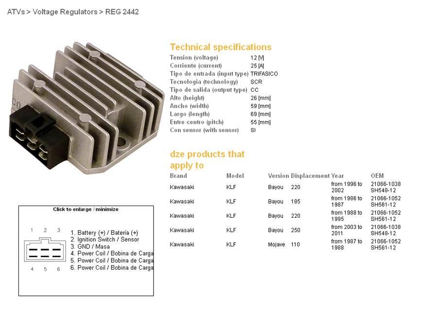 Dze Regulator Napięcia Kawasaki Klf 110/185/220/250 Bayou '86-'11; Kaf 300 - zdjęcie 2