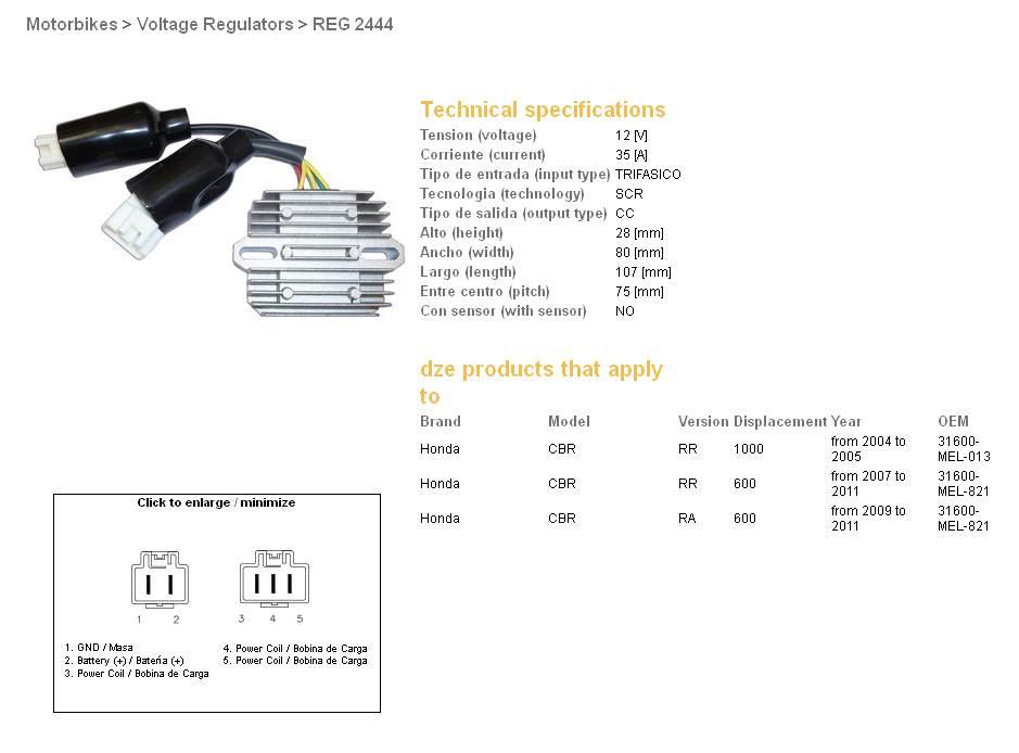 Dze Regulator Napięcia Honda Cbr 600Rr '07-'11; Cbr 1000Rr '04-'05 31600-Me - zdjęcie 2
