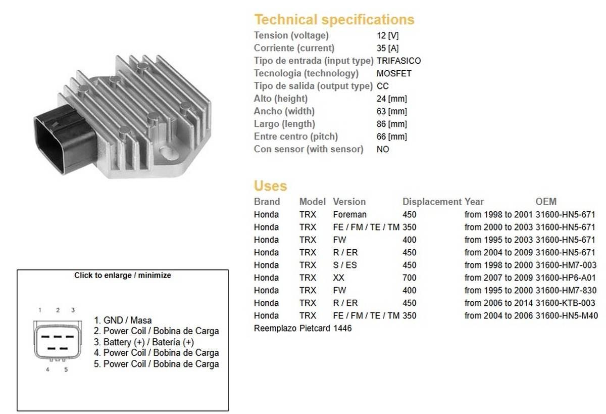 Dze Regulator Napięcia Honda Trx 350Fe/Fm/Te/Tm '00-06; Trx 400Fw '95-'03;