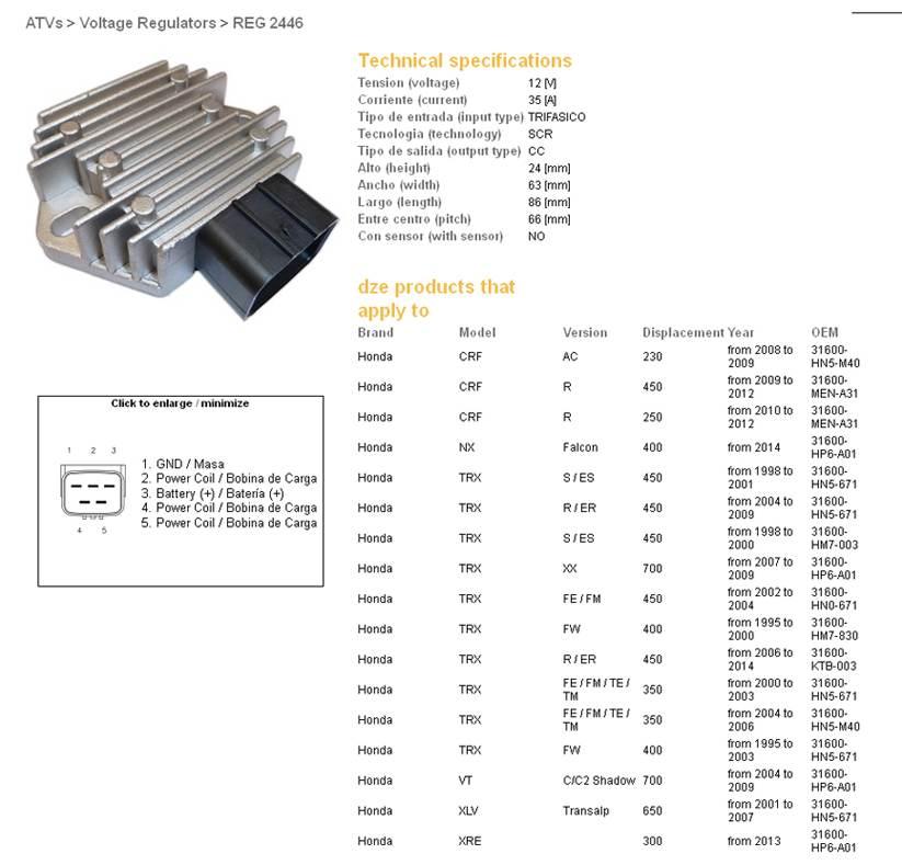 Dze Regulator Napięcia Honda Trx 350Fe/Fm/Te/Tm '00-06; Trx 400Fw '95-'03; - zdjęcie 2