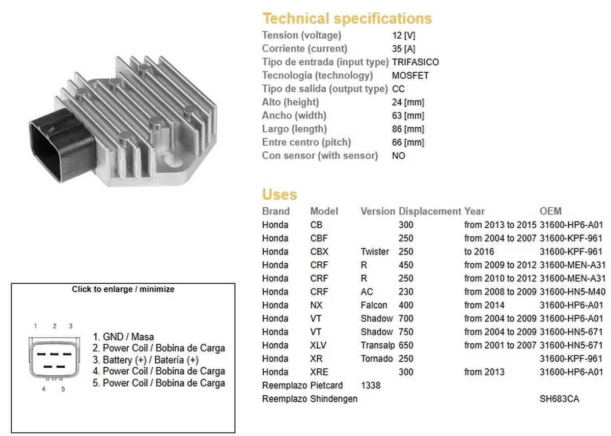 Dze Regulator Napięcia Honda Cb 300 '13-'15; Cbf 250 '04-'07; Crf 250/450R