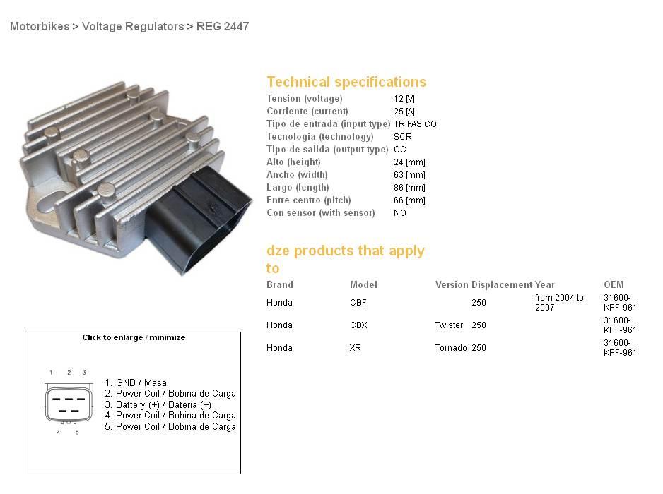 Dze Regulator Napięcia Honda Cb 300 '13-'15; Cbf 250 '04-'07; Crf 250/450R - zdjęcie 2