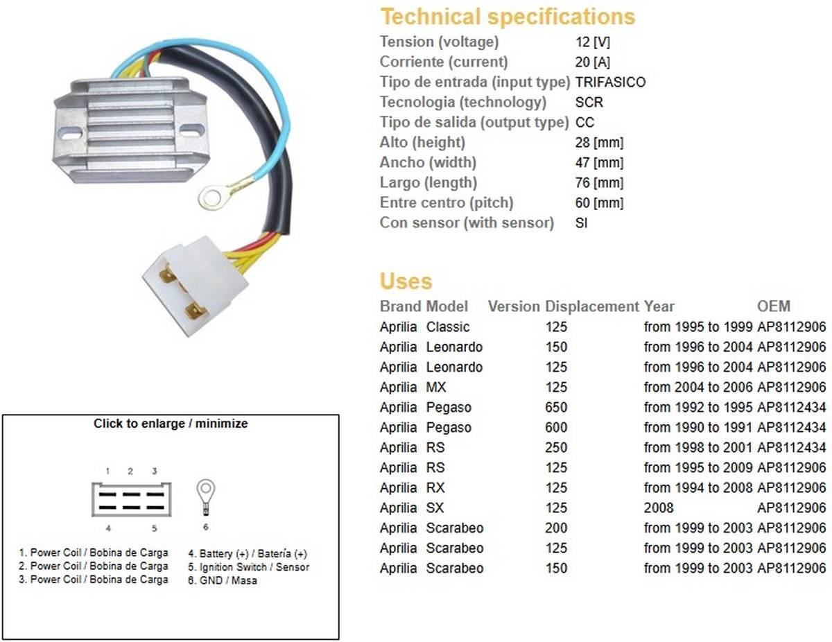 Dze Regulator Napięcia Aprilia Pegaso 600/650 '90-'95; Rs 125/250 '95-'09;