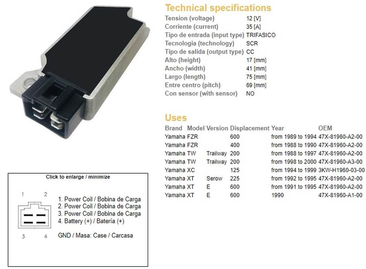Dze Regulator Napięcia Yamaha Tw 200 '88-'00; Xt 225 Serow '92-'95; Fzr 400