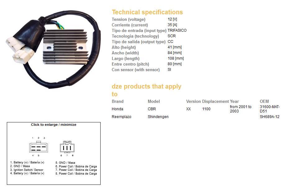 Dze Regulator Napięcia Honda Cbr 1100Xx '01-'03 Sh689A-12 31600-Mat-D51 Esr - zdjęcie 2