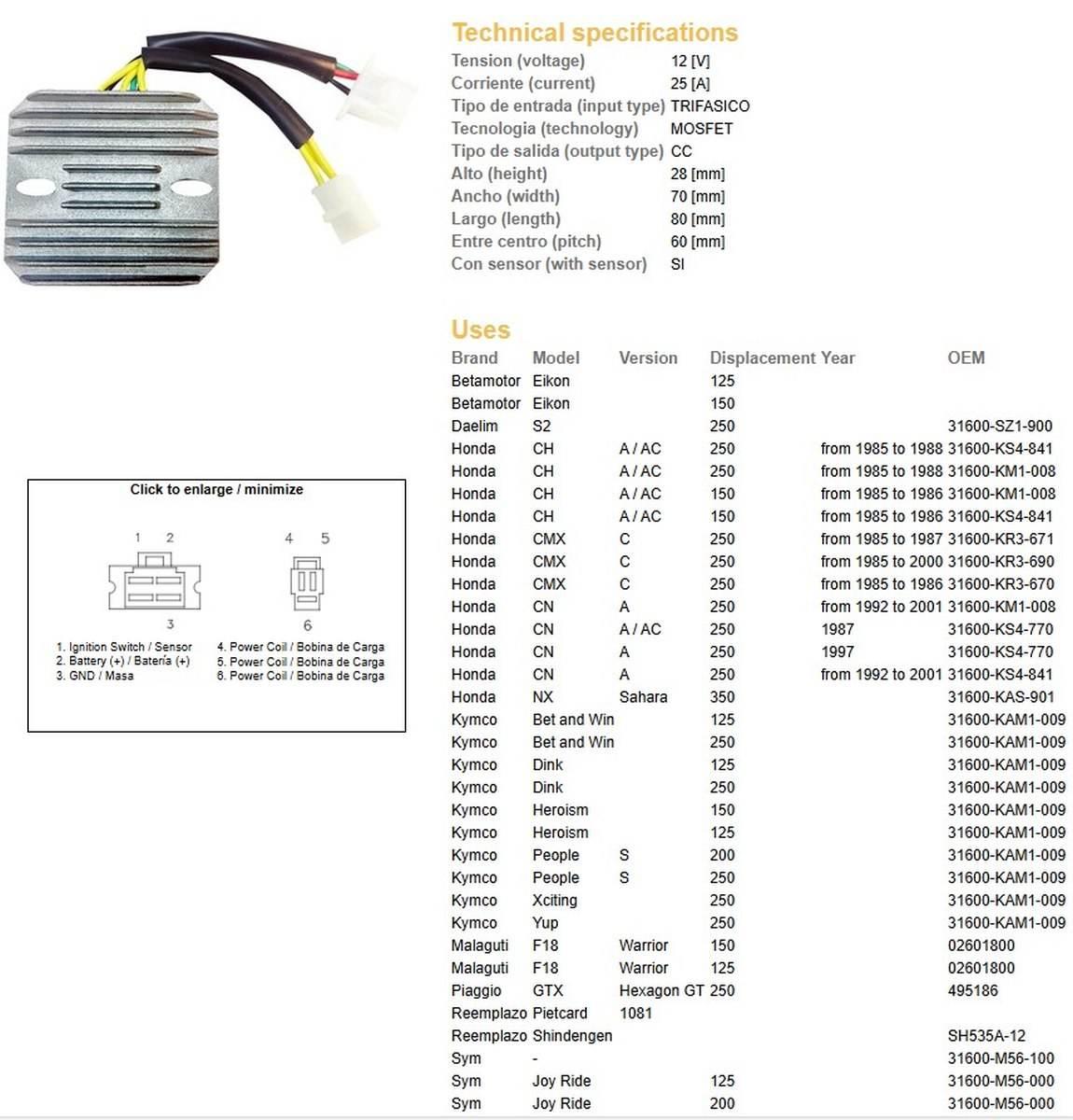 Dze Regulator Napięcia Honda Cmx 250 Rebel '85-'00; Cn 250 '87-'01; Kymco 1