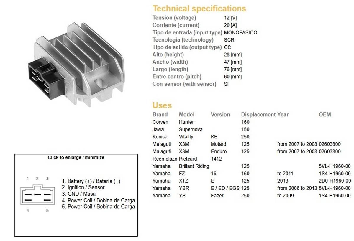 Dze Regulator Napięcia Yamaha Ybr 125 '06-'13 20A 5Vl-H1960-00