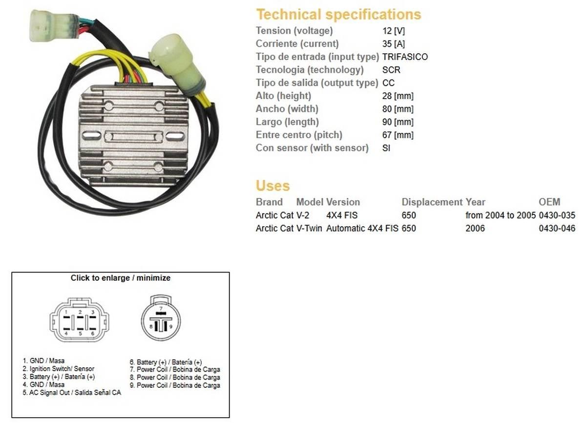 Dze Regulator Napięcia Arctic Cat 650 '04-'06 Oem-0430-035, 0430-046 12V35A