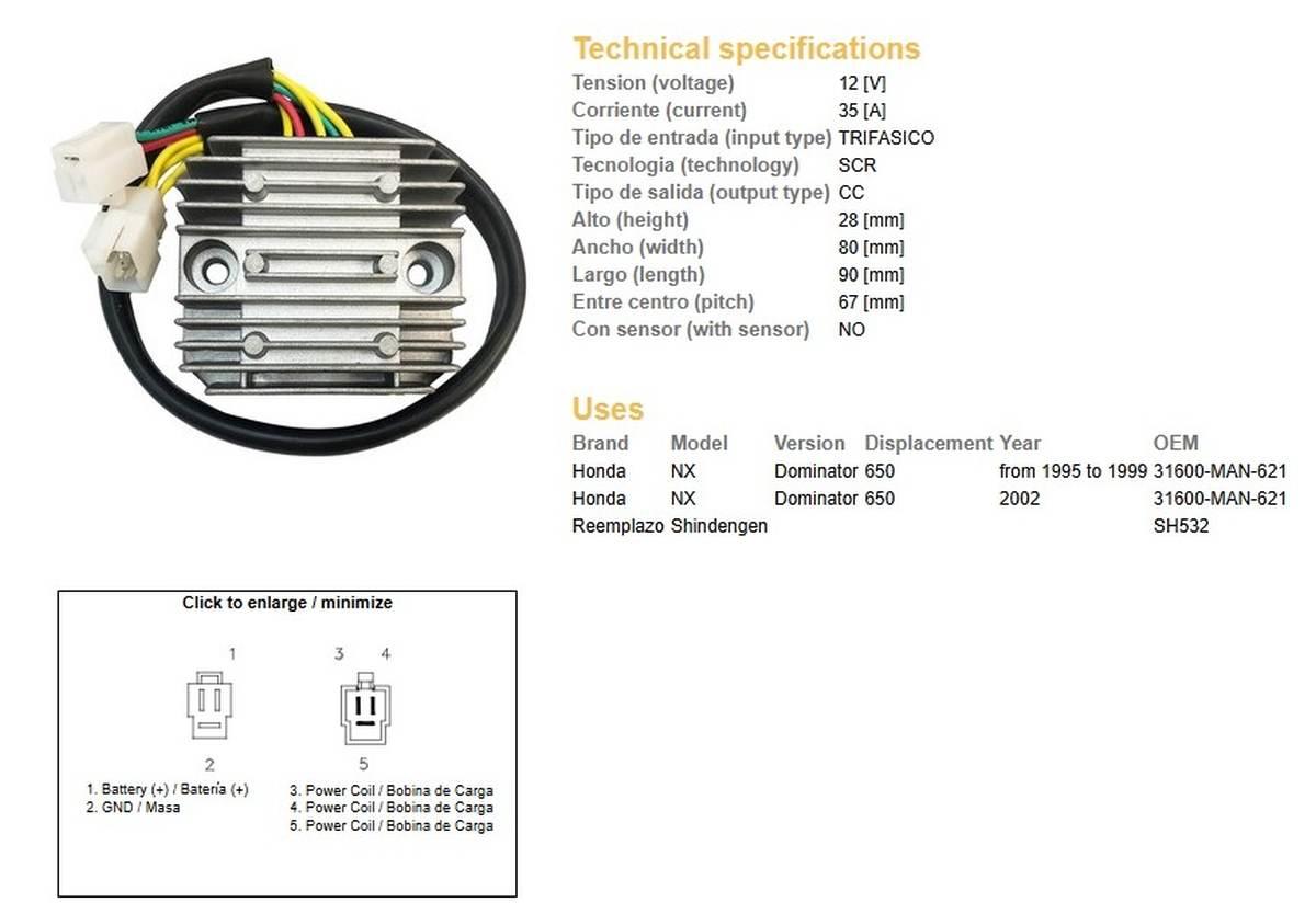 Dze Regulator Napięcia Honda Nx 650 Dominator '95-'99; '02 31600-Man-621 35 - zdjęcie 2