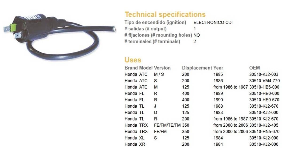 Dze Cewka Zapłonowa Honda Xl 125S '84; Xr 200 '84; Trx 350Fe/Fm/Te/Tm '00-'