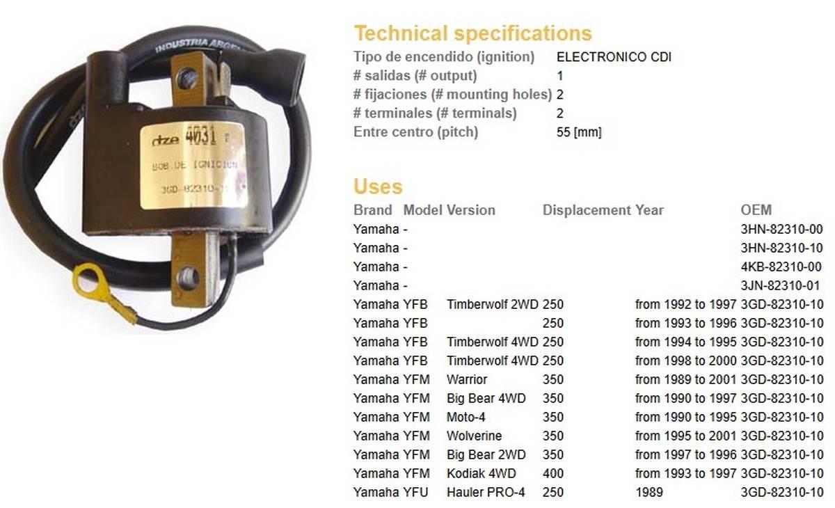 Dze Cewka Zapłonowa Yamaha Yfb 250 Timberwolf '92-'00; Yfm 350 '89-'01; Yfm