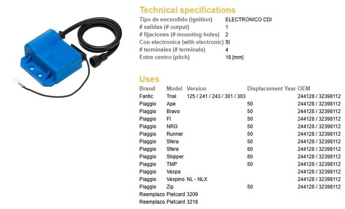 Dze Cewkomoduł Piaggio Bravo/Nrg/Runner/Sfera/Zip/Fi/Vespa; Fantic Trial 12