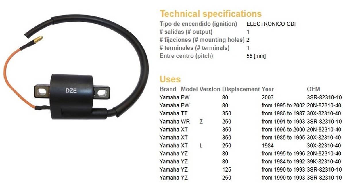 Dze Cewka Zapłonowa Yamaha Pw 80 '95-'03; Yz 80 '84-'96; Yz 125/250 '90-'93
