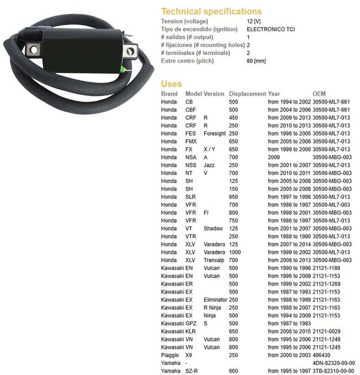 Dze Cewka Zapłonowa Honda Cb/Cbf/Fes/Nsa/Nss/Nt/Sh/Vfr/Xlv; Kawasaki En/Er/