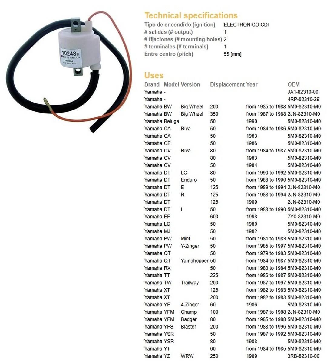Dze Cewka Zapłonowa Yamaha Bw 200/350 '85-'88; Dt 125 '88-'94; Dt 50 '88-'9 - zdjęcie 2