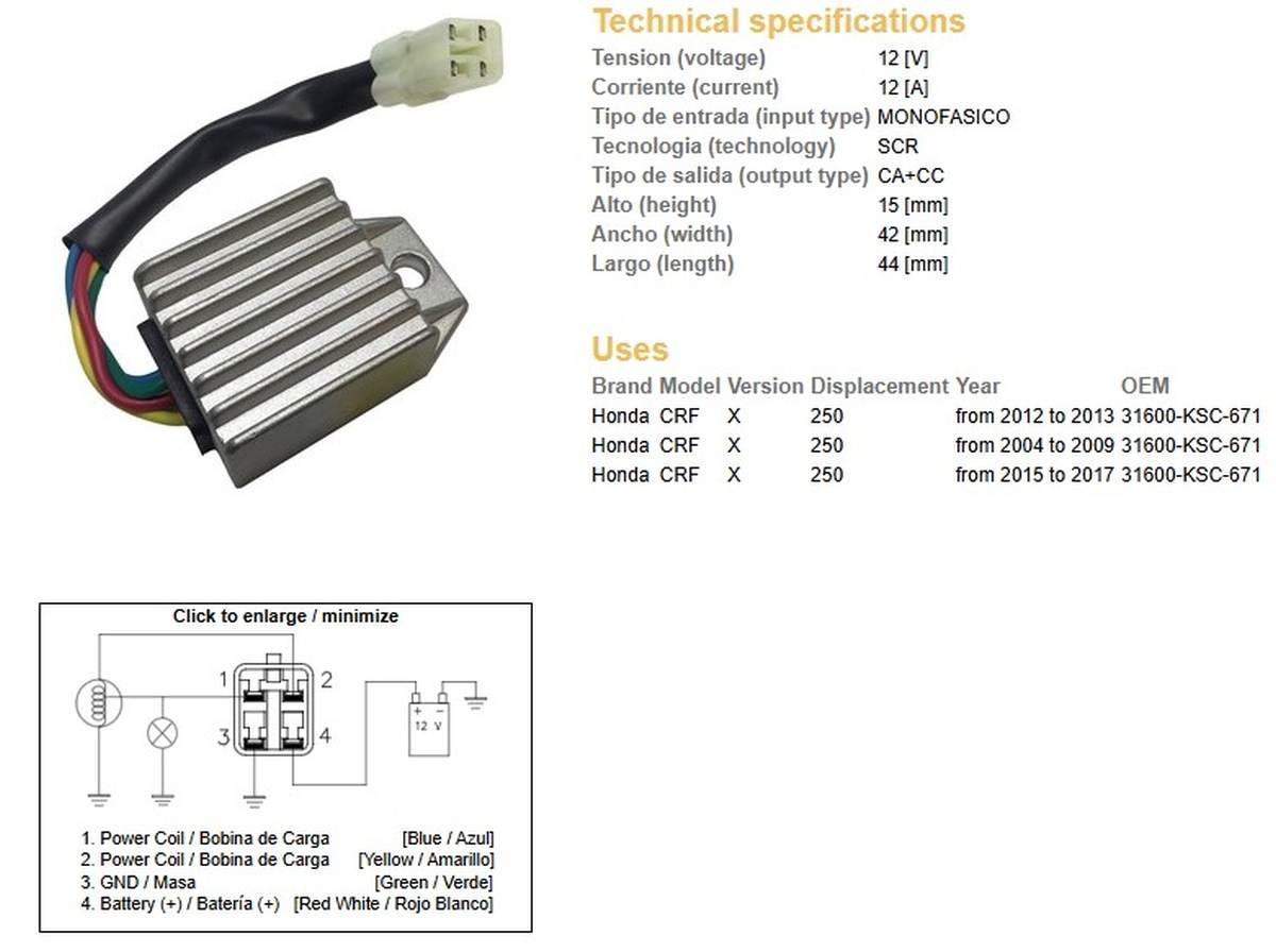 Dze Regulator Napięcia Honda Crf 250X '04-'17 31600-Ksc-671 12A - zdjęcie 2