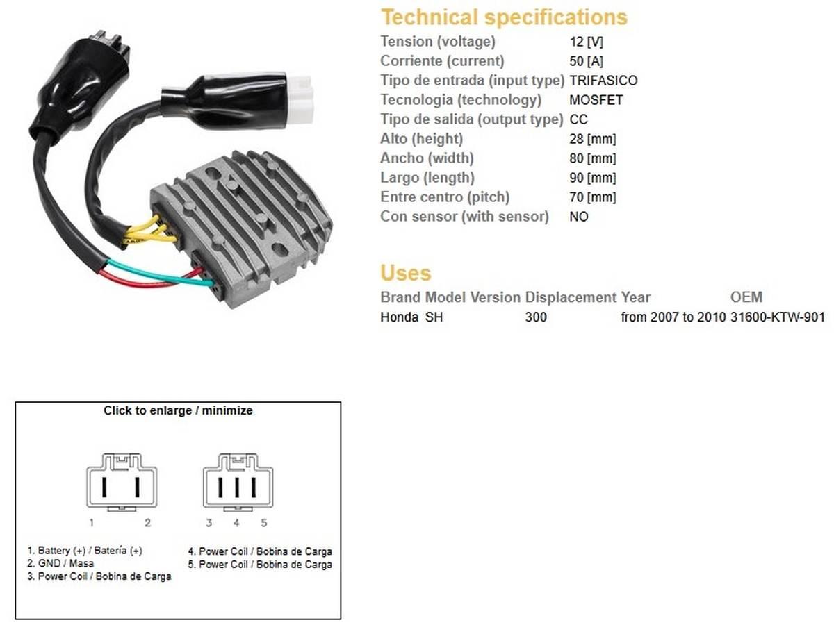 Dze Regulator Napięcia Honda Sh 300 '07-'10 Oem 31600-Ktw-901 Mosfet 50A