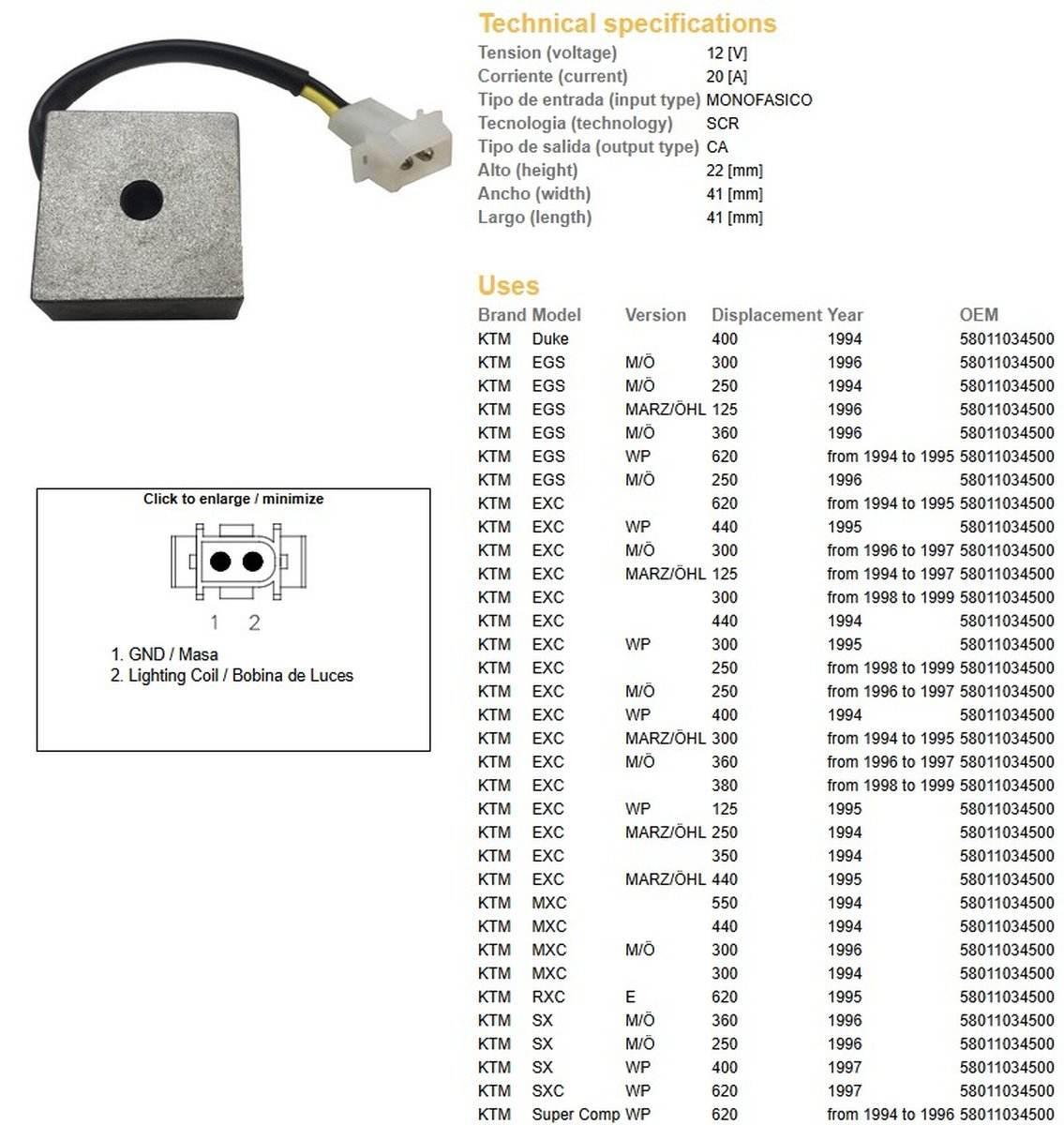 Dze Regulator Napięcia Ktm Egs 125/250/300/360 '96; Exc 125/200/250/300/380 - zdjęcie 2