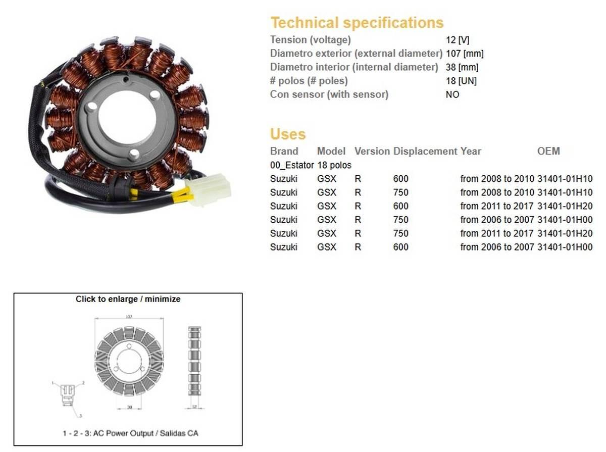 Dze Uzwojenie Alternatora Stator Suzuki Gsx 600R '08-'17; Gsx 750R '06-'17