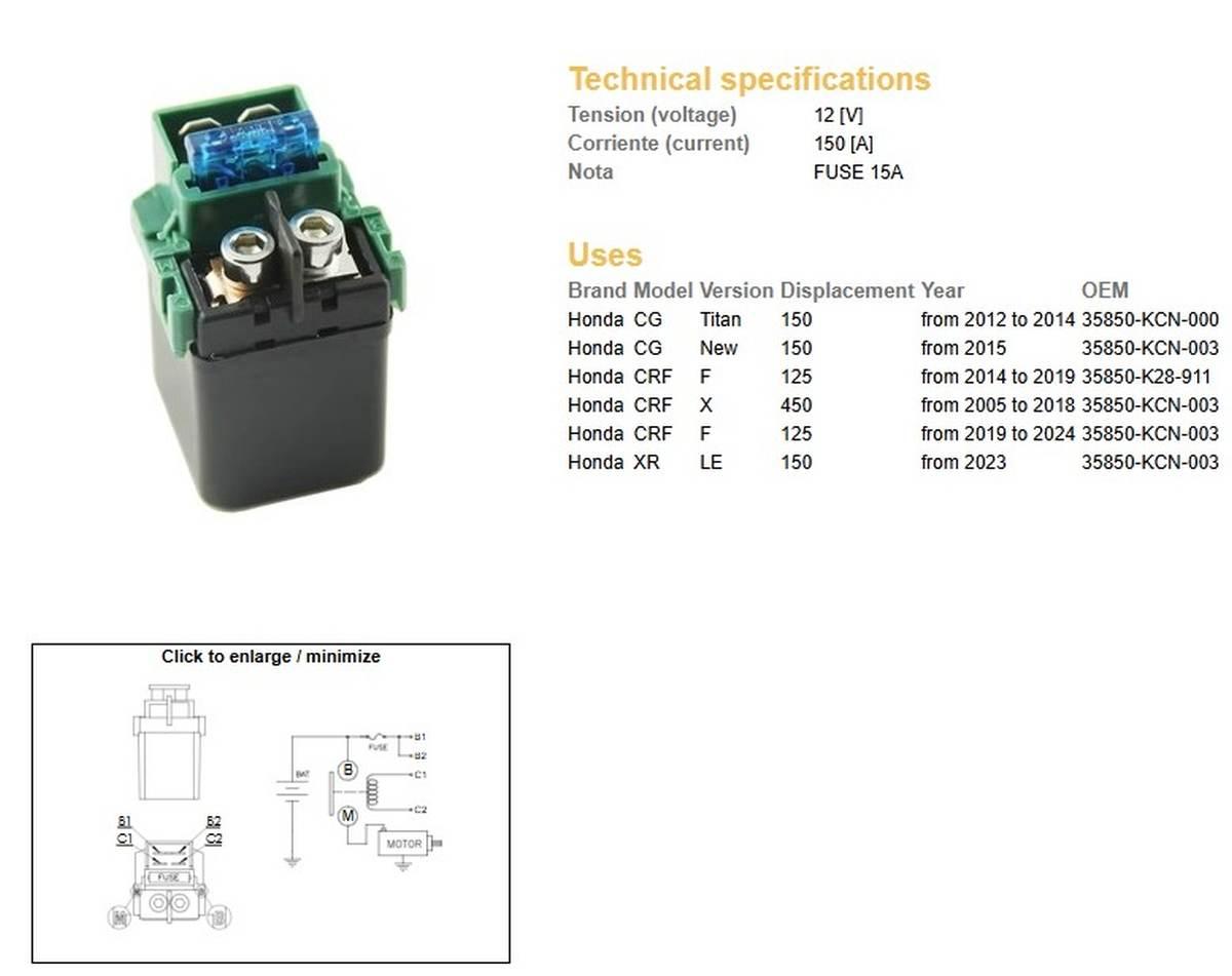 Dze Przekaźnik Rozrusznika Honda Cg 150 '12-'14; Crf 125 '14-'24; Crf 450X
