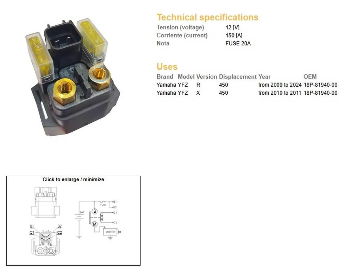 Dze Przekaźnik Rozrusznika Yamaha Yfz 450R '09-'24; Yfz 450X '10-'11 12V/15