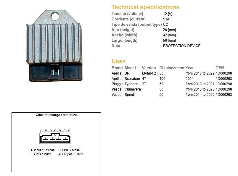 Dze Regulator Napiecia Aprilia Sr 50 '18-'22; 50 Typhon '13-'20; 100 Typhon