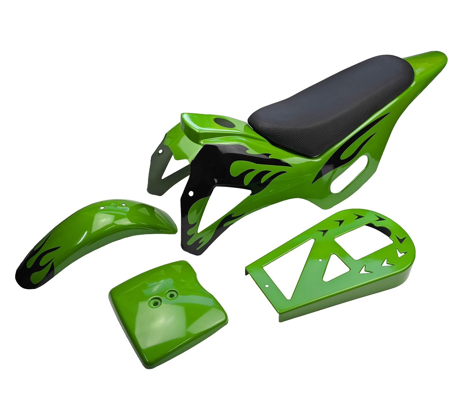 Plastiki owiewki kpl siedzenie pocket bike mini cross dirt bike zielone płomienie