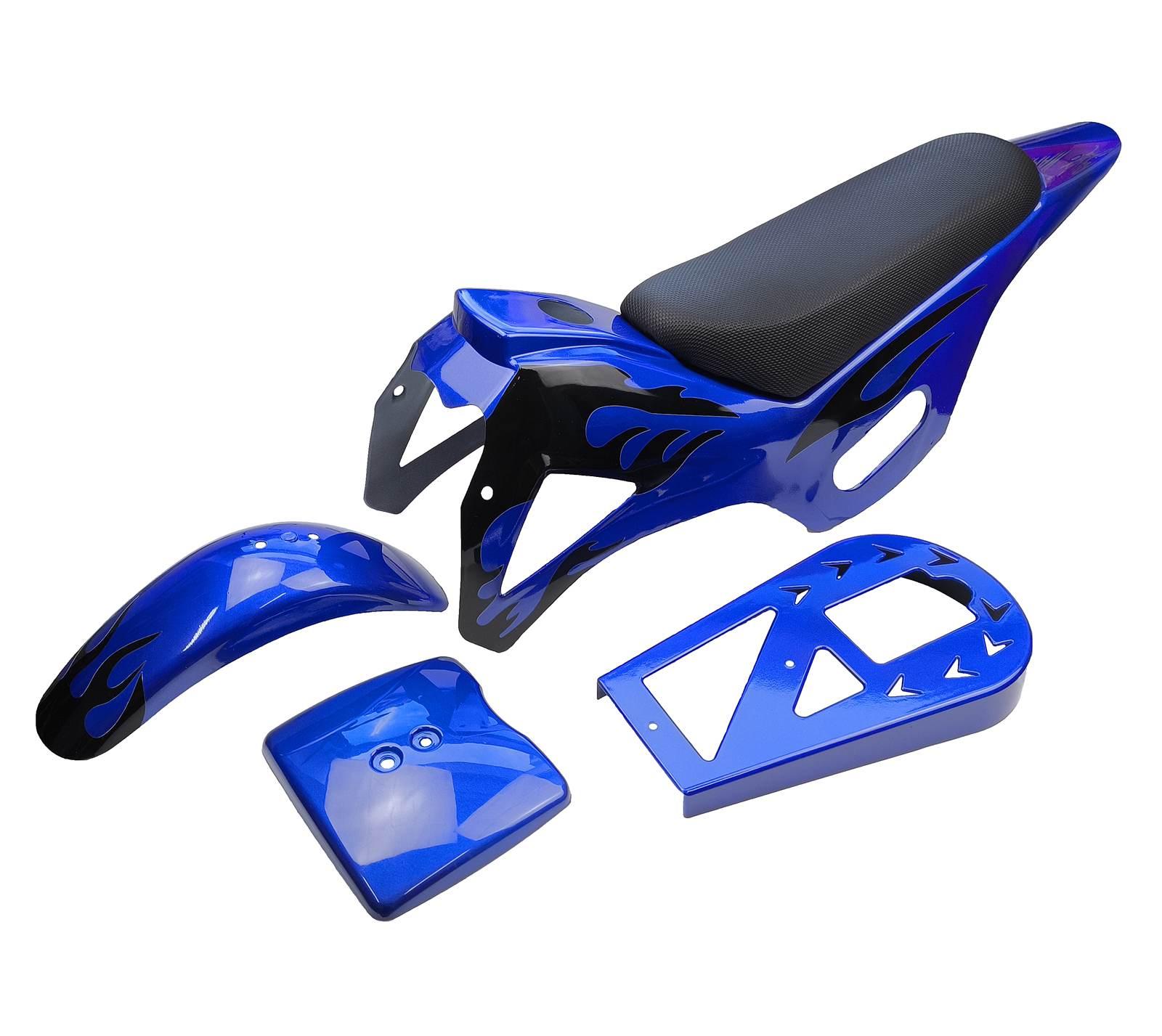 Plastiki owiewki kpl siedzenie pocket bike mini cross dirt bike niebieskie płomienie